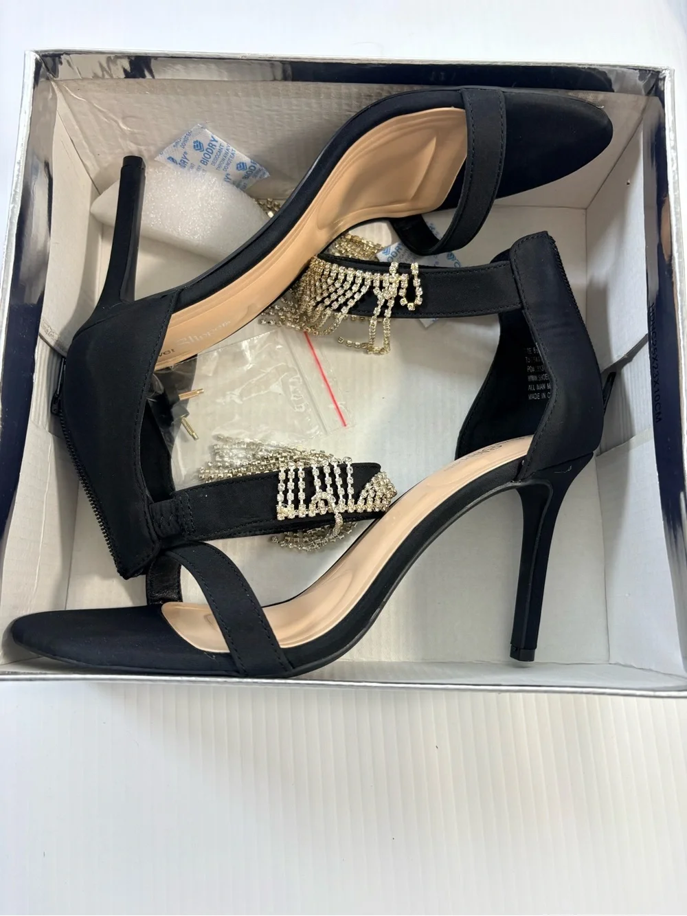 Silver Slipper Fiona Black Rhinestone Fringe Heels Size 8.5M Dress Sandals NIB
